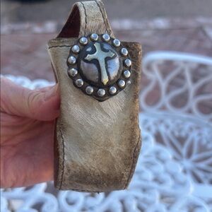 Vintage Cowhide Cell Phone Case with Silver Cross Concho